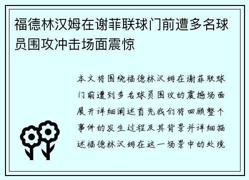 福德林汉姆在谢菲联球门前遭多名球员围攻冲击场面震惊 福德林汉姆在谢菲联球门前遭多名球员围攻冲击场面震惊